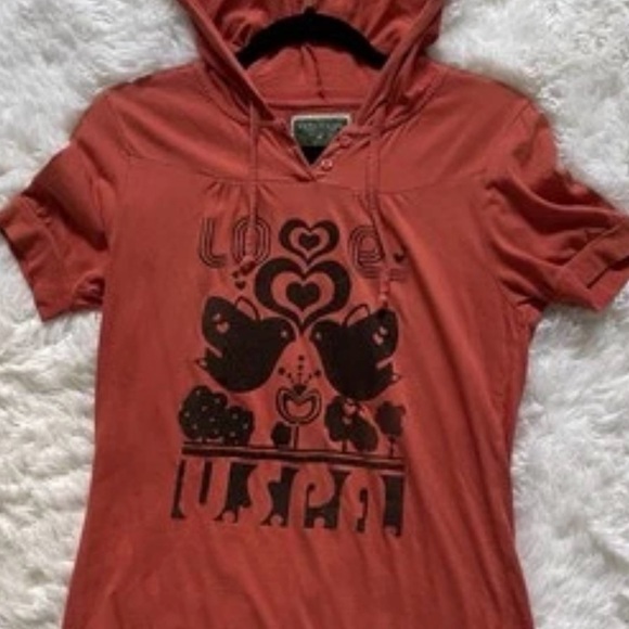 US Polo‎ Women's Hooded T-Shirt Size L Rust Colored 100% Cotton Birds Hearts - Picture 4 of 8